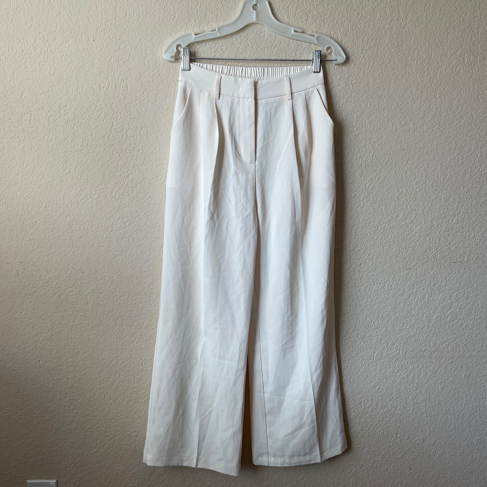 Beige Wide-Leg Pants Elastic Waist Comfortable Fit FUNNYZO Womens Small